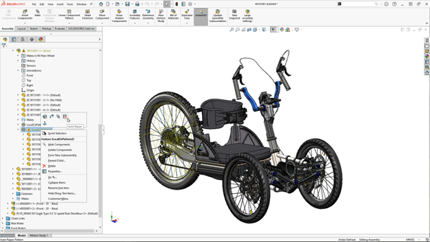 Bowhead bike 3D model in SOLIDWORKS interface