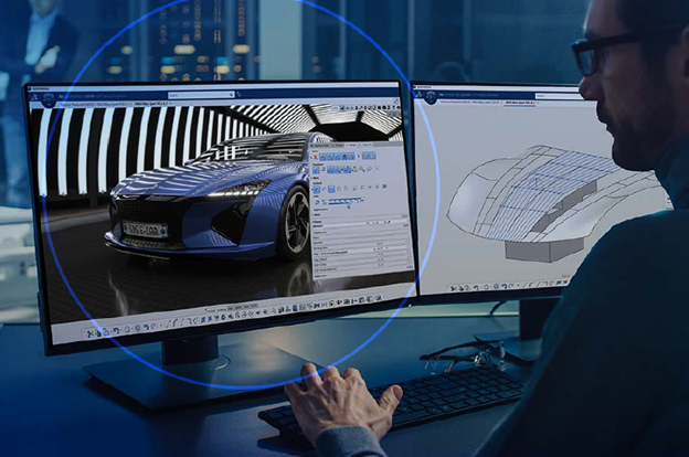 A 3D designer modeling a car in the CATIA interface