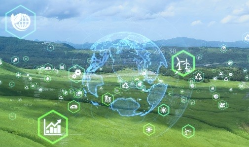 Sustainability digital icons overlaying a green landscape