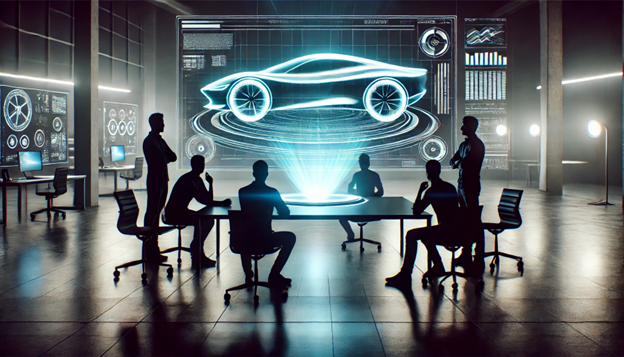 A design team seated at a table looking at a hologram of a prototype car