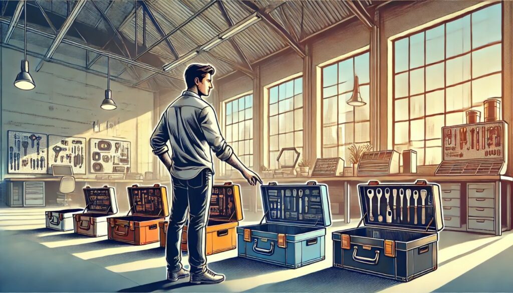 An illustration of an engineer choosing between separate toolboxes