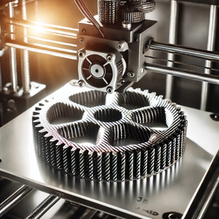 A carbon fiber gear being printed on a 3D printer.