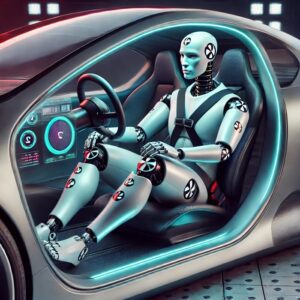 A crash test dummy sitting in the driver seat of a futuristic car with a sleek metallic exterior.