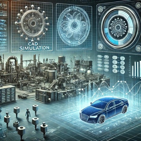 A futuristic assembly line with a digital prototype in the background depicting the integration of CAD, simulation, and PLM