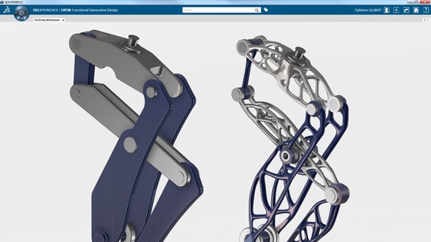 Two 3D models of a functional part side by side demonstrating a lightweight computer-generated design.