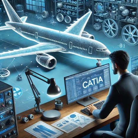 CATIA in the aerospace industry, showing a digital model of an aircraft being designed while an aerospace engineer works at a computer station