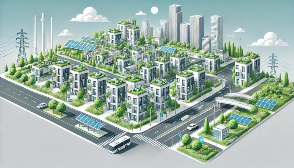 An illustrated, sustainable urban neighborhood featuring modular, eco-friendly buildings with green roofs and solar panels.