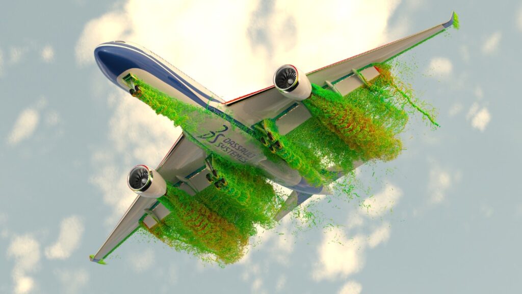 A large commercial airplane in mid-flight, visualized with computational fluid dynamics (CFD) analysis.