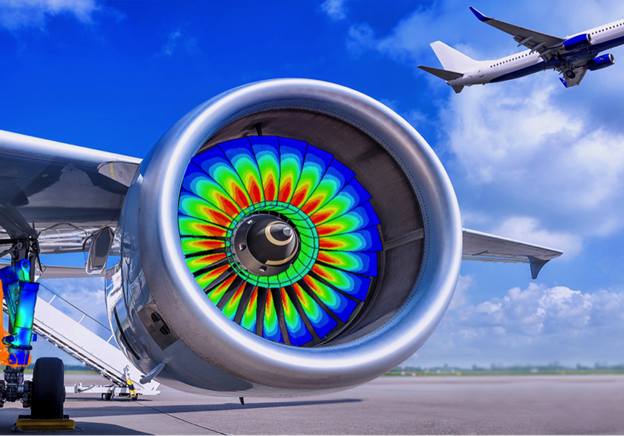 A close-up view of a jet engine on the tarmac, with a heatmap overlay showing structural and stress analysis in vibrant colors.