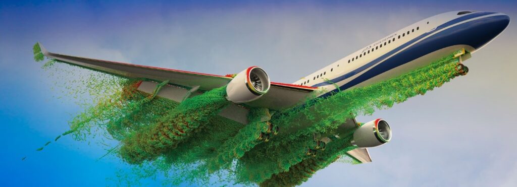 A commercial airliner soaring through the sky with a computational fluid dynamics (CFD) visualization of airflow.