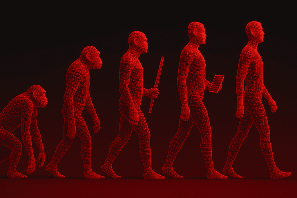 A digital illustration in red wireframe style showing the evolution from ape to modern human, with each figure representing a milestone in technological development—progressing from primal tools to tablets in a futuristic 3D mesh aesthetic.