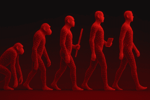 A digital illustration in red wireframe style showing the evolution from ape to modern human, with each figure representing a milestone in technological development—progressing from primal tools to tablets in a futuristic 3D mesh aesthetic.
