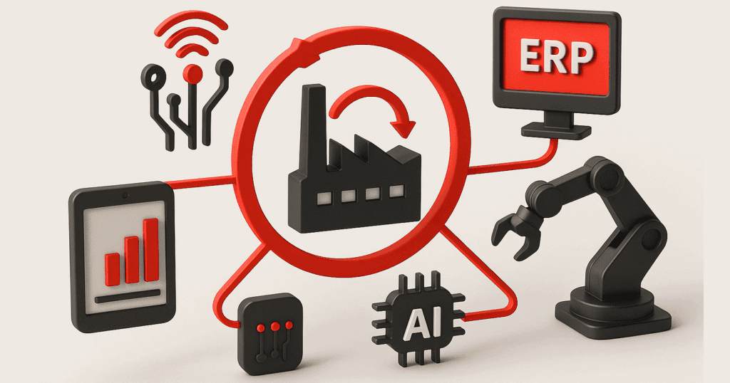 Diagram illustrating the components of a digital supply chain in manufacturing—sensors, ERP, AI, robotics, etc.