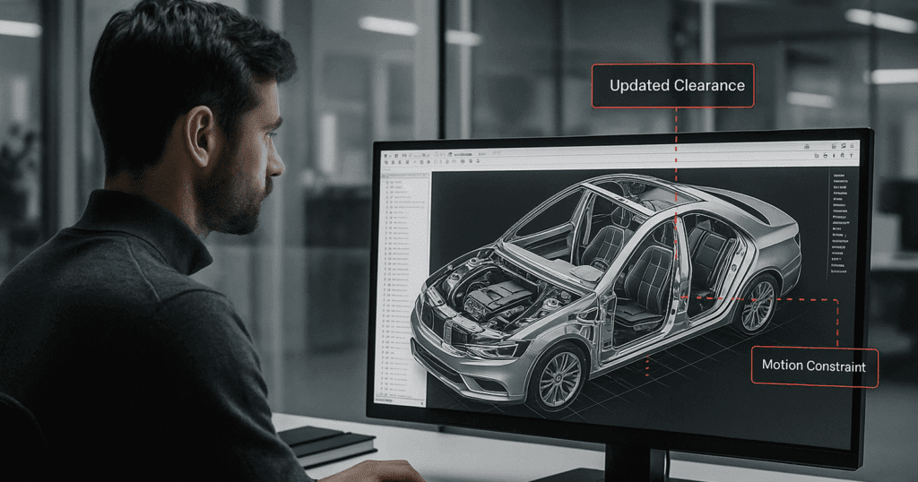 A realistic office scene showing an engineer working in CATIA on a detailed 3D model of a car interior assembly, with red callouts highlighting updates like “Updated Clearance” and “Motion Constraint.”