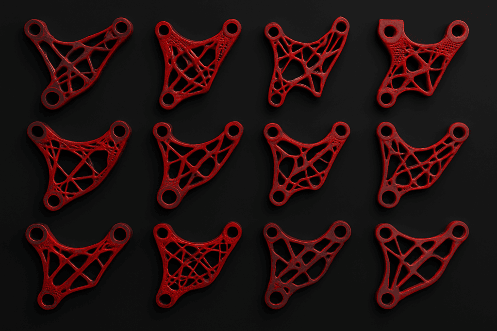 A generative design gallery showcasing multiple AI-generated geometry options for a single automotive part, in a clean red wireframe style.