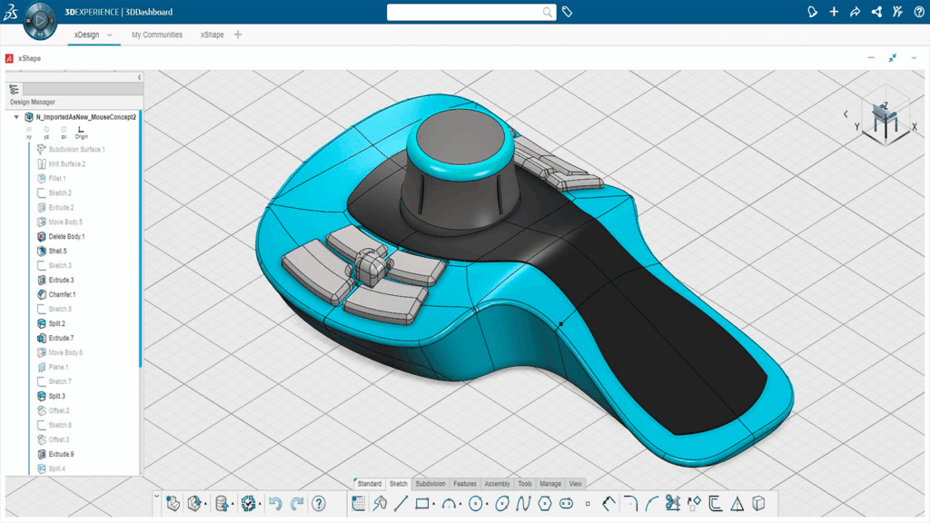 A 3DEXPERIENCE interface displaying a 3D model of an ergonomic mouse design, showcasing subdivision surface modeling tools and feature history for industrial design.