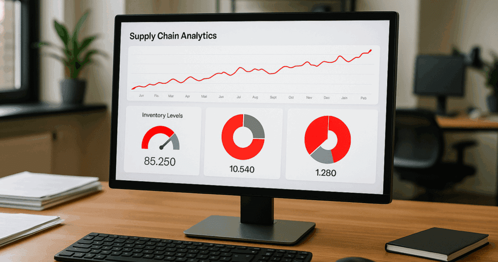 Screenshot-style mock-up of a cloud-based dashboard showing supply chain analytics.