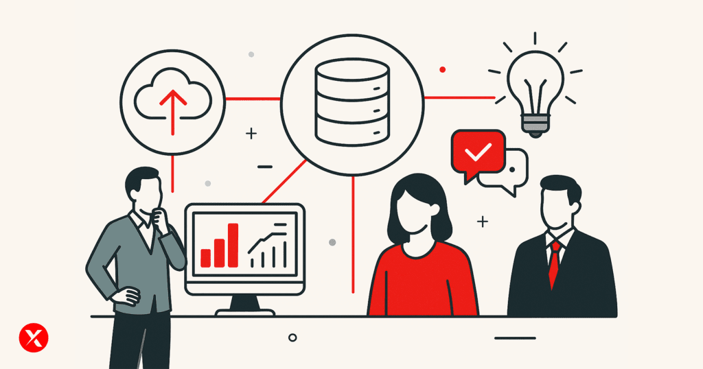 A flat-style illustration showing cross-functional collaboration in a digital environment, with icons for cloud storage, databases, analytics, and teamwork—depicted in a modern red, black, and white palette.