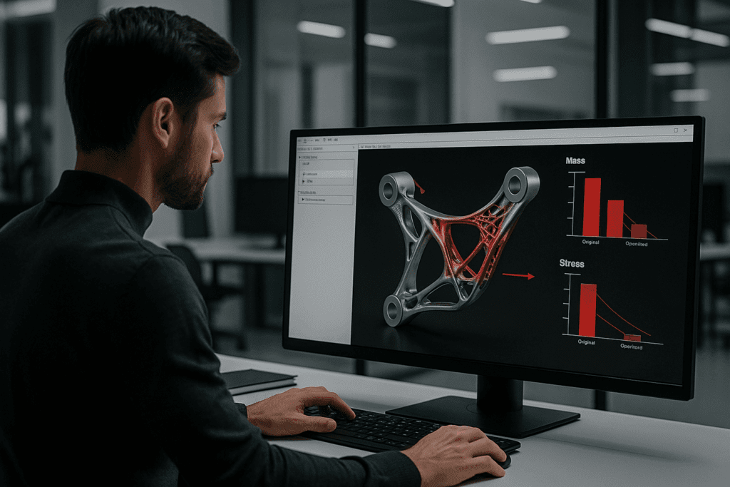 A CAD simulation interface showing thermal, structural, and vibration validation of a lightweight generative part for electric vehicles.