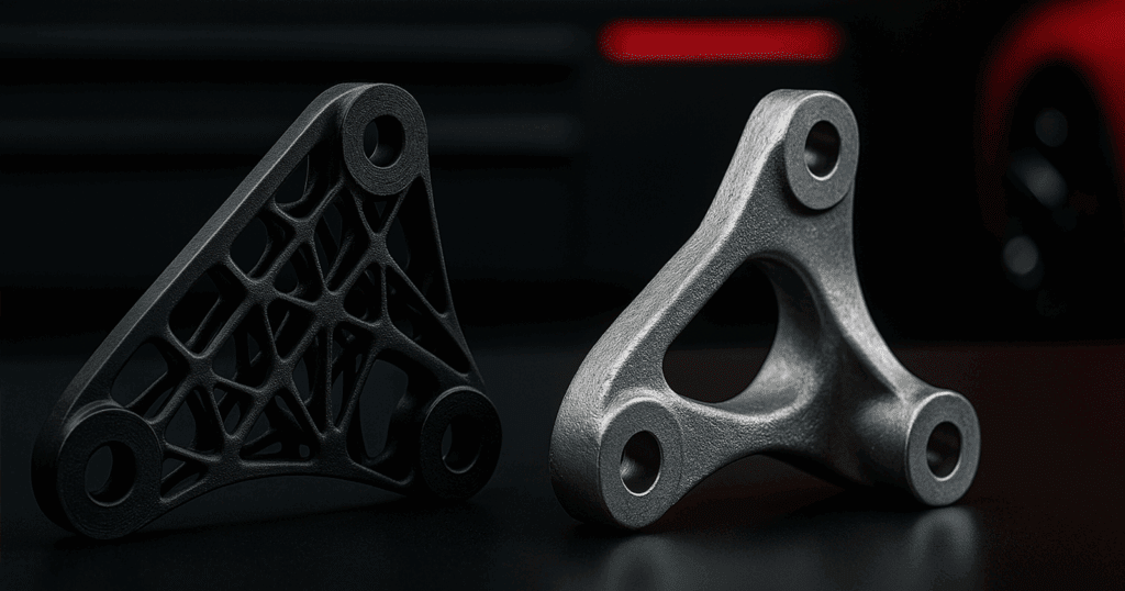 Close-up photo of a 3D-printed automotive part (like a lattice-structured bracket) placed beside a traditional metal counterpart to show complexity and weight difference.