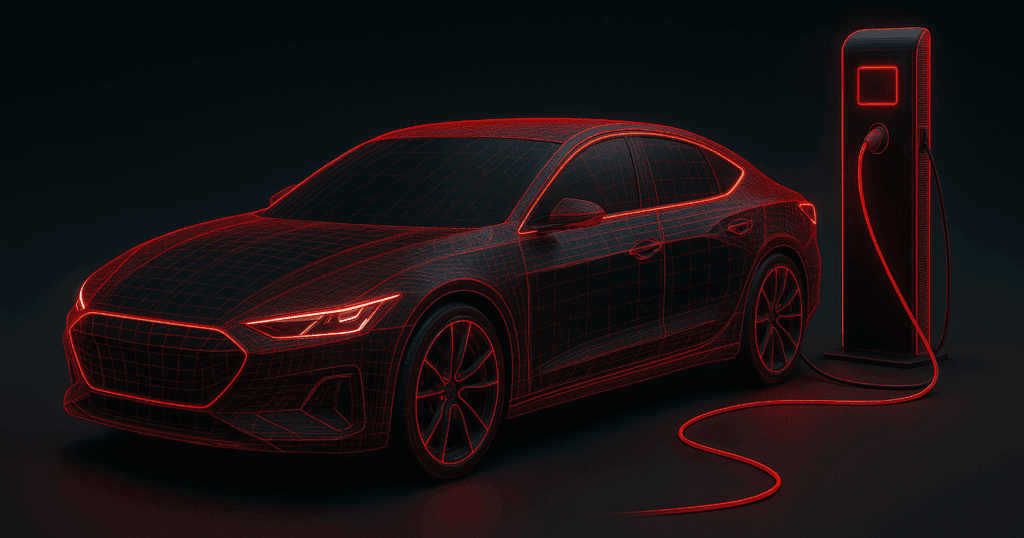 A futuristic 3D-rendered wireframe of an electric car connected to a glowing charging station, illustrating AI-powered automotive design and validation within a high-tech digital engineering environment.