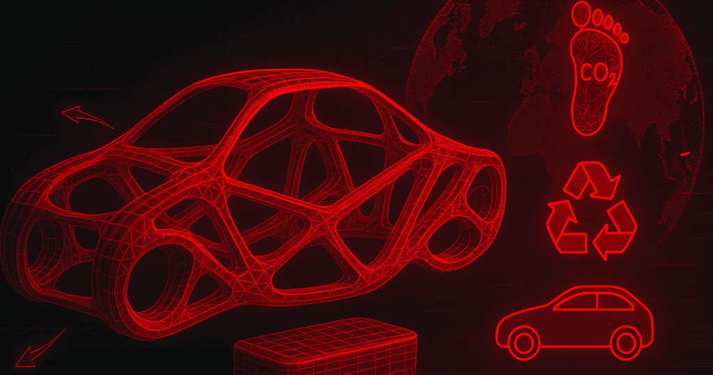 A futuristic red generative part with icons representing CO2 footprint, recyclability, and range improvement—visualizing sustainability in EV design.