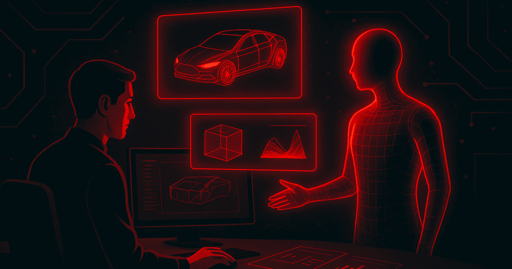 A futuristic digital illustration showing a designer collaborating with a glowing AI assistant in a high-tech workspace, surrounded by holographic 3D models and simulation data in red wireframe style. 