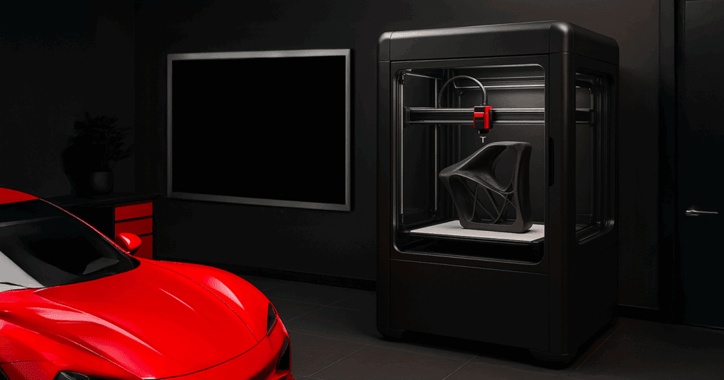 A sleek 3D printer is printing a black, lattice-structured automotive part in a dark modern design studio. A red sports car is visible in the corner, with ambient lighting and clean black and red accents, illustrating innovation and scalability in automotive 3D printing.