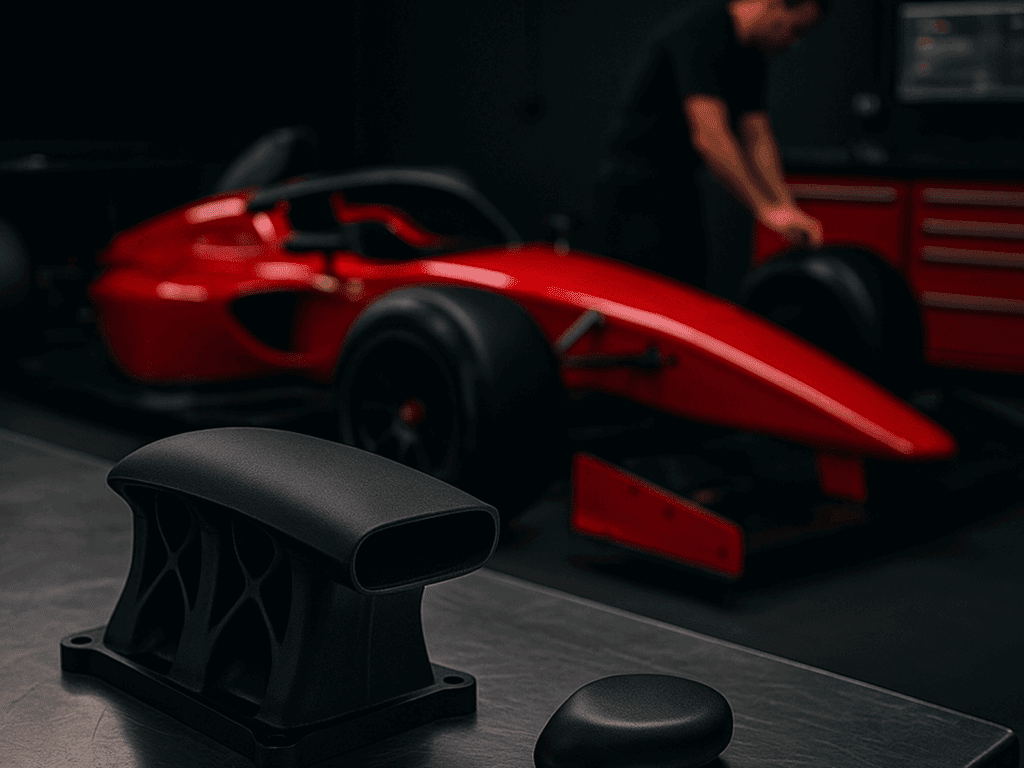 Carousel or gallery of several 3D-printed personalized car interior parts, such as dashboard inlays, gear knobs, or logo plates, ideally in different colors/textures.