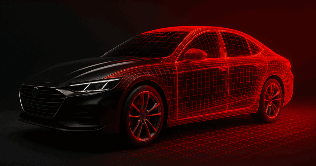 Realistic black car partially overlaid with a red digital mesh, illustrating the digital twin concept in vehicle design.