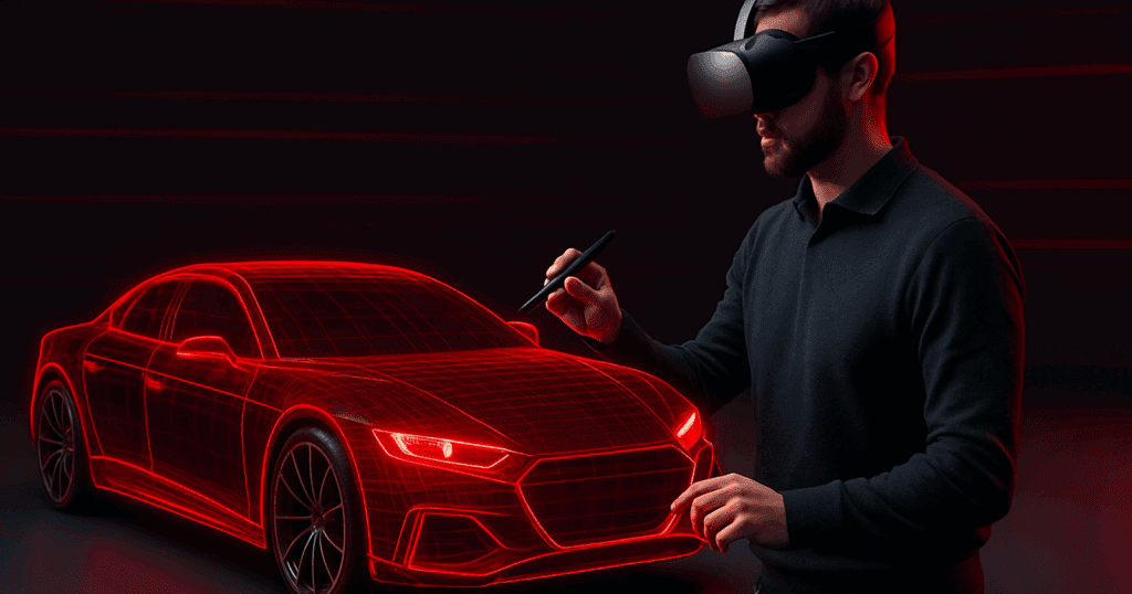 Engineer interacting with a red wireframe virtual car using a VR headset and stylus in a dark, futuristic environment.