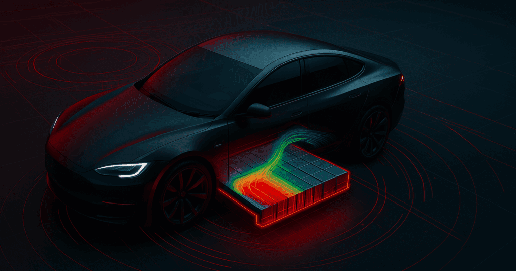 Thermal simulation of battery cooling displayed beneath a black electric vehicle in a stylized digital environment.
