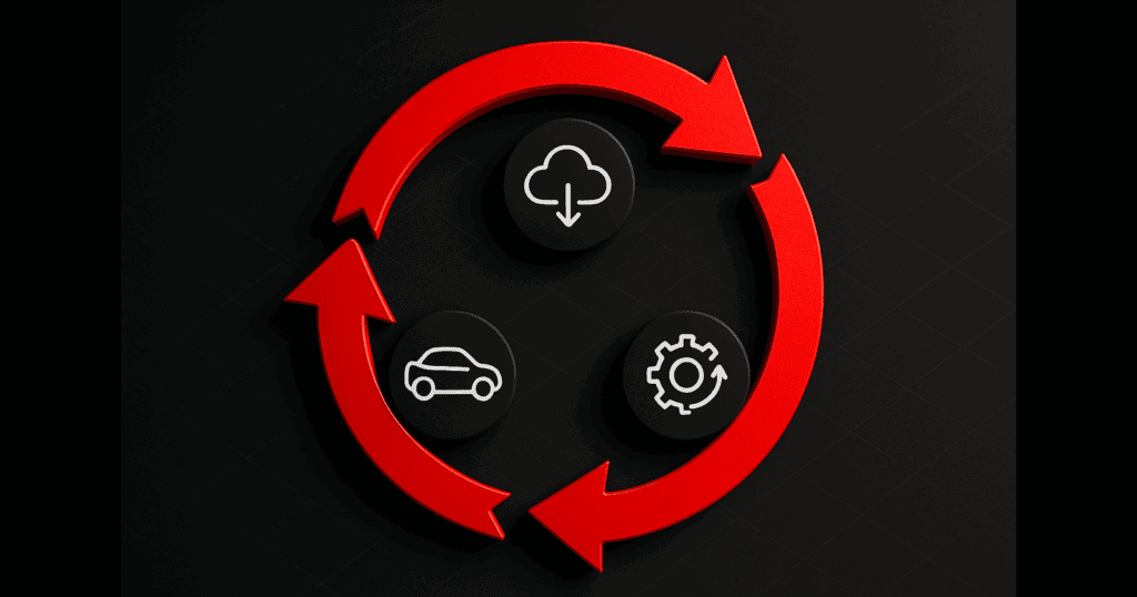 Circular feedback loop illustration with red arrows connecting three icons: design, real-world data collection, and ongoing updates.