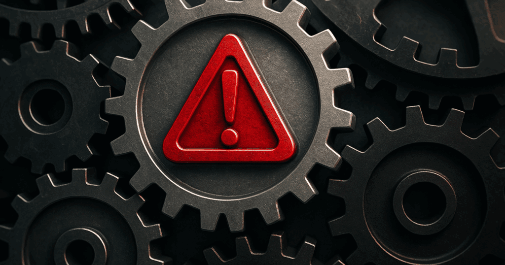 3D-rendered image of interconnected industrial gears with textured metal surfaces, centered around a silver gear featuring a red warning triangle—symbolizing the complexity and operational challenges of heavy equipment.