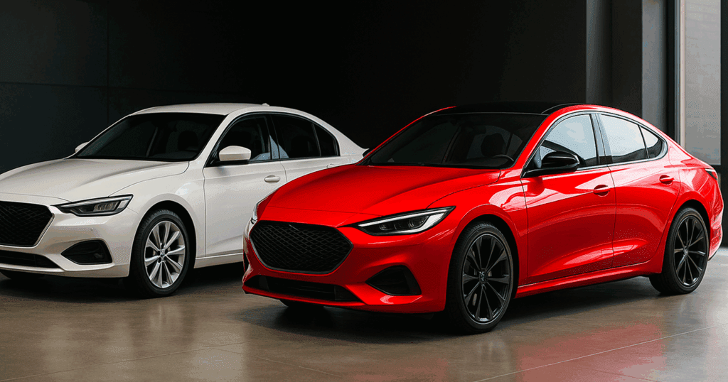 Two sports sedans side by side in a modern showroom filled with natural light. On the left, a white car with a traditional design; on the right, a sleek red sedan with aerodynamic lines, reflecting advanced design optimization.