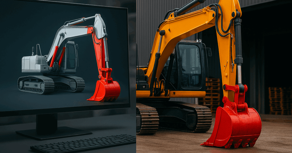 Side-by-side comparison of a CAD model of an excavator and its real-world prototype.