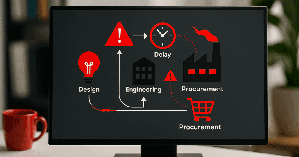 Realistic photo of a computer monitor on a white desk displaying a dark interface with red and white icons illustrating supply chain disruptions across design, engineering, procurement, and manufacturing. A red mug and blurred background elements complete the modern workspace.