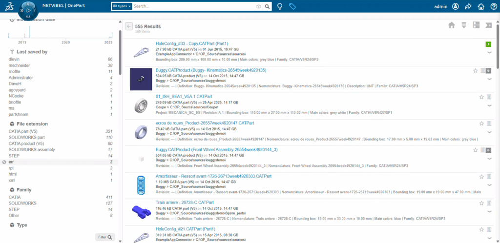 Screenshot of the 3DEXPERIENCE OnePart interface displaying a search result list of CAD parts, including metadata like file type, size, color, and family, with a navigation panel on the left and 3D part thumbnails on the right.
