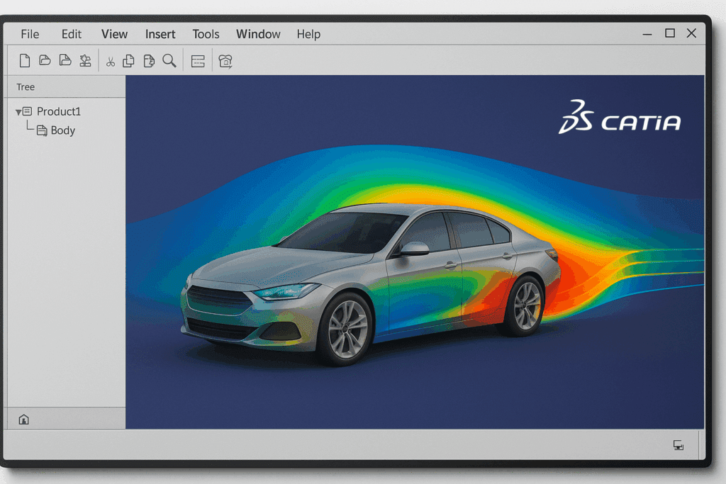 Screenshot of CATIA software displaying a 3D model of a silver sedan with CFD heatmaps showing airflow and pressure zones across the vehicle body.