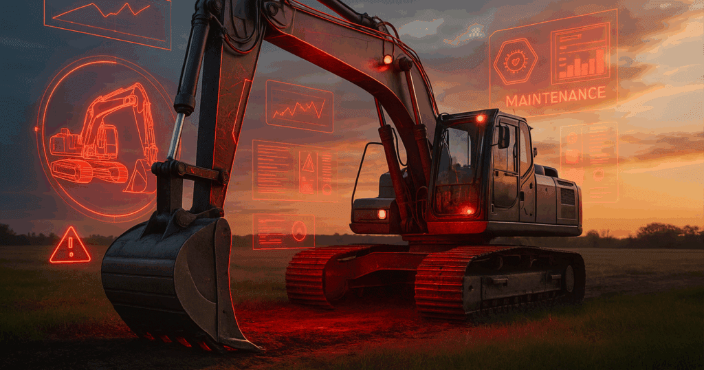 Futuristic smart excavator with holographic AR data and predictive maintenance interface in an industrial setting.