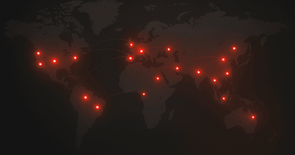 Full-screen digital visualization of a world map in dark tones with glowing red nodes and fine connecting lines, illustrating a global supply chain network spanning multiple continents—highlighting scalability and connectivity.