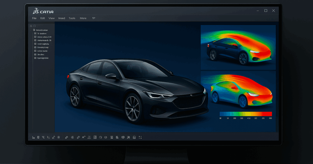 Realistic screenshot of a monitor displaying the CATIA interface, featuring a black 3D sedan model and CFD simulations to the right, showing airflow and pressure distribution.