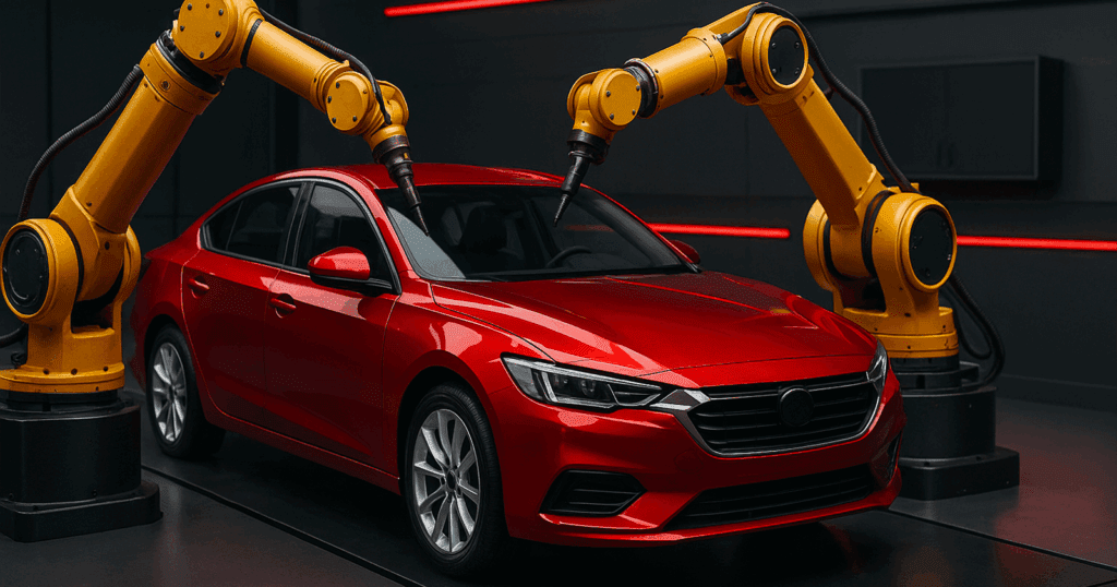 Two robotic arms are assembling a glossy red sedan in a high-tech factory. The robots work in unison under soft industrial lighting, surrounded by a sleek black and red environment, symbolizing automation in modern car manufacturing.