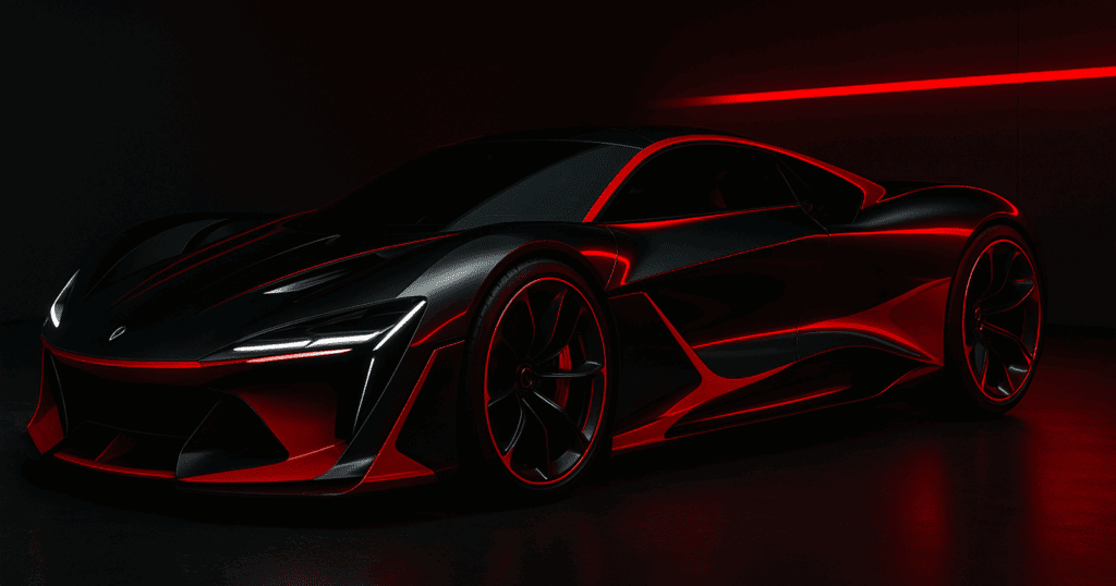 A futuristic black and red sports car with sharp aerodynamic curves is showcased under dramatic lighting. Its sleek silhouette, glowing red trim, and matte finish evoke cutting-edge design and high performance.