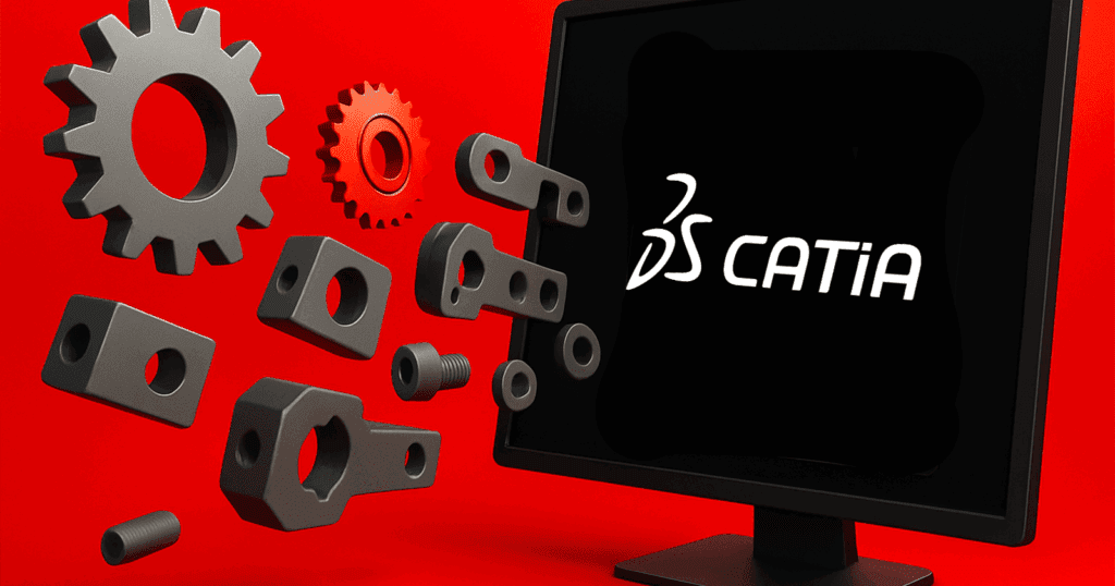 Mechanical parts flowing into a CATIA interface, representing the import of a STEP assembly file.