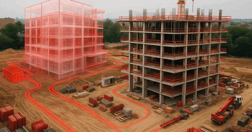 High-angle view of a construction site with a semi-transparent digital twin in red, showing the final design of a building overlayed on its concrete structure. Material paths and workflows appear as glowing red lines on the ground.