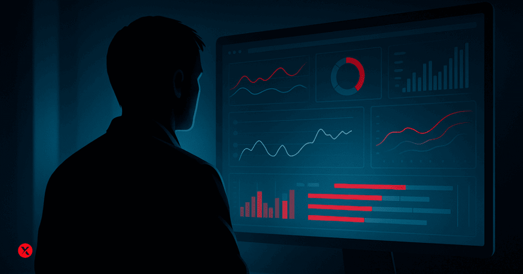 Realistic illustration of a silhouetted engineer analyzing a large screen filled with complex charts, graphs, and red-highlighted project metrics, symbolizing ENOVIA’s integrated project management.