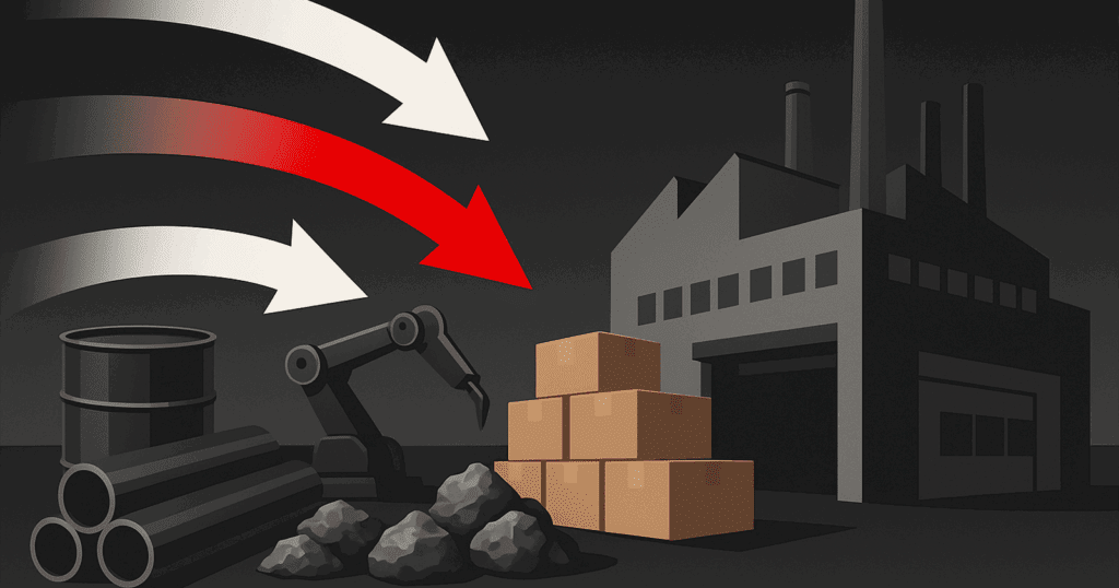 A stylized digital illustration shows raw materials like steel pipes, barrels, and robotic arms flowing into a factory, representing the start of the manufacturing process.