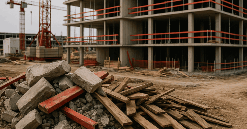 Realistic view of a construction site showing piles of unused or broken materials—wood planks, concrete chunks, and metal scraps—scattered in the foreground, highlighting inefficiencies and waste in traditional workflows.