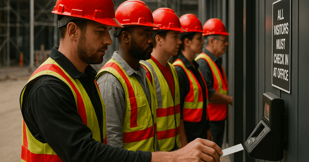 Cinq ouvriers du bâtiment portant des casques rouges et des gilets de sécurité font la file pour pointer à l’entrée du chantier, utilisant un appareil de pointage fixé au mur, avec des échafaudages en arrière-plan.